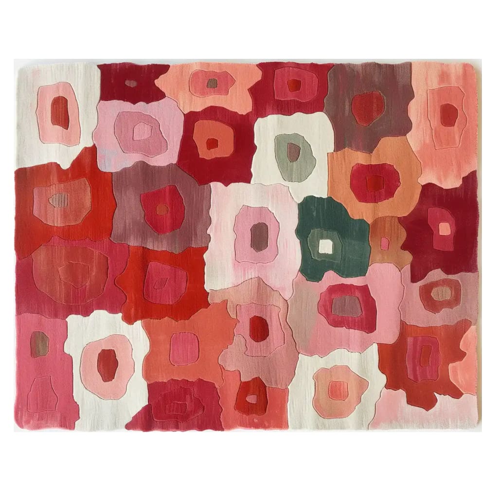 Vibrant abstract design of the Petal Mosaic Hand Tufted Wool Rug, showcasing a colorful blend of pink, red, and orange hues. This large area rug is perfect for adding warmth and style to a living room.