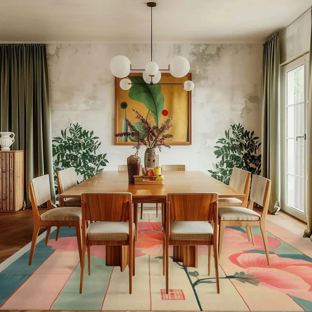 A contemporary dining room featuring a Petal Pastels Hand Tufted Area Rug. The large floral rug adds a touch of elegance with its vibrant, pastel-colored flowers, complementing the wooden dining table and chairs. Perfect for those seeking stylish wool rugs and large area rugs for the living room or dining room carpets.