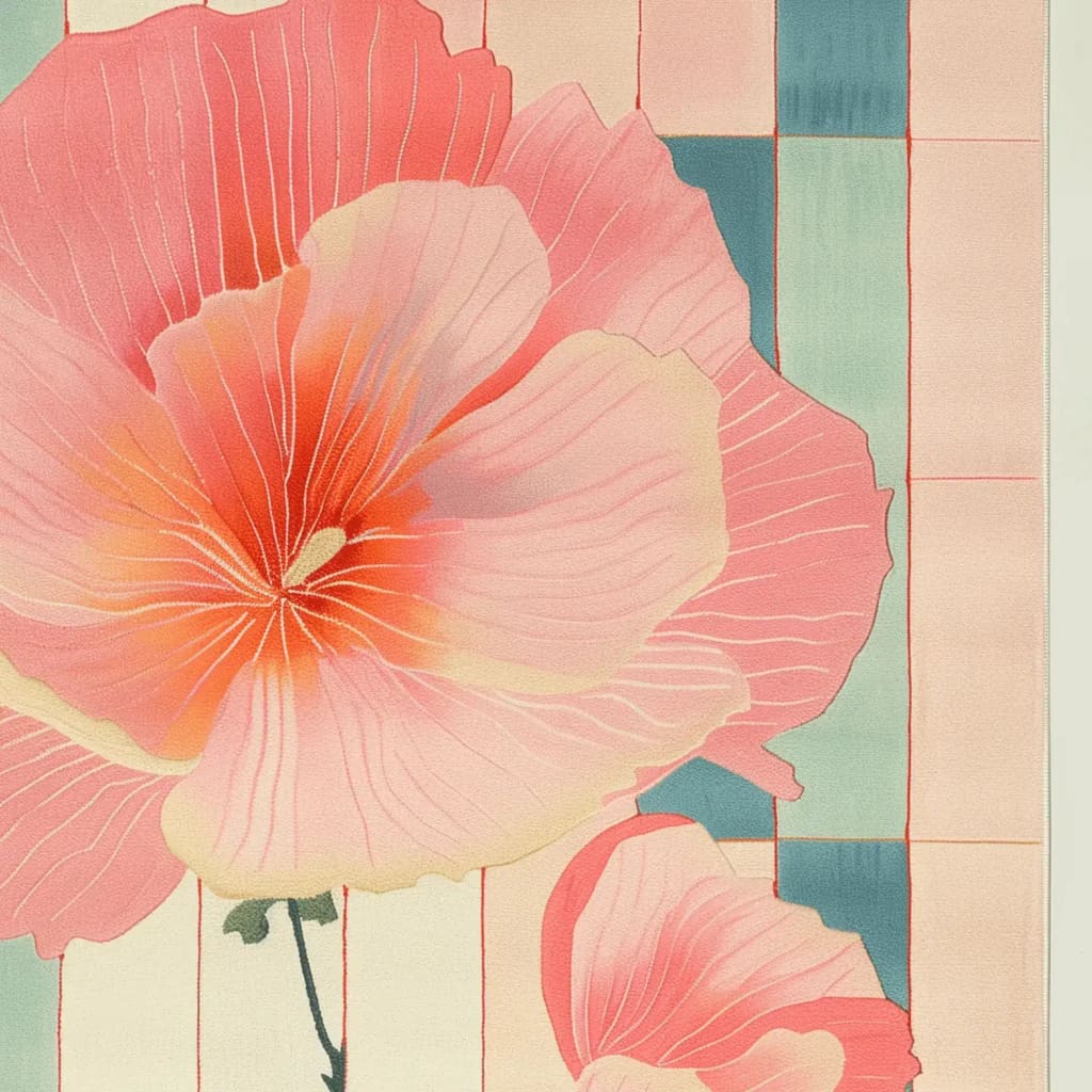 A close-up view of the Petal Pastels Hand Tufted Rug showcasing its vibrant floral design. This contemporary wool area rug, perfect for a dining room, features large, pastel pink flowers against a soft geometric background, ideal for adding a touch of elegance to any dining room or living space.