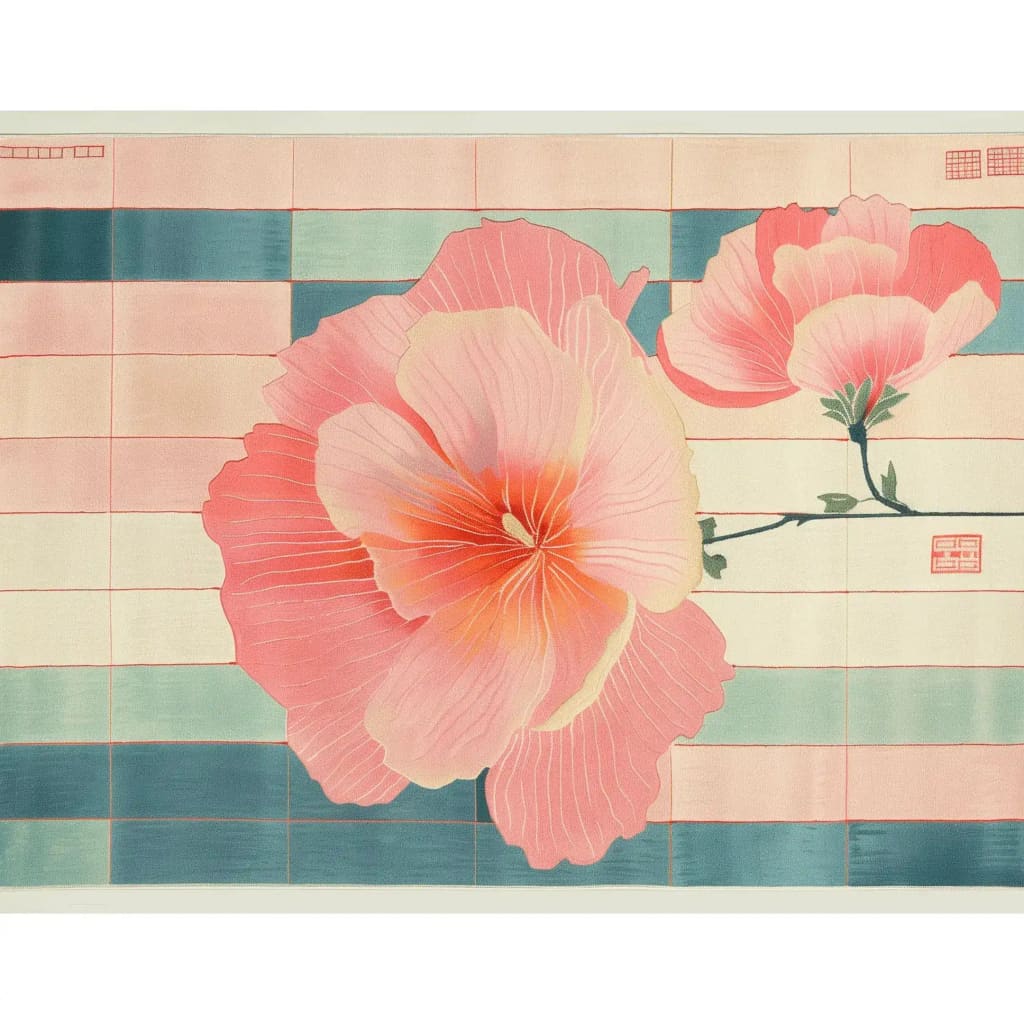 This image showcases the Petal Pastels Hand Tufted Rug, a large area rug perfect for a dining room or living room. The contemporary rug features a stunning floral design with pink and peach petals set against a grid pattern of pastel blue and cream. Made from high-quality wool, this floral rug adds a touch of elegance and warmth to any space, making it an ideal choice for dining room carpets or as a standout piece among large area rugs.