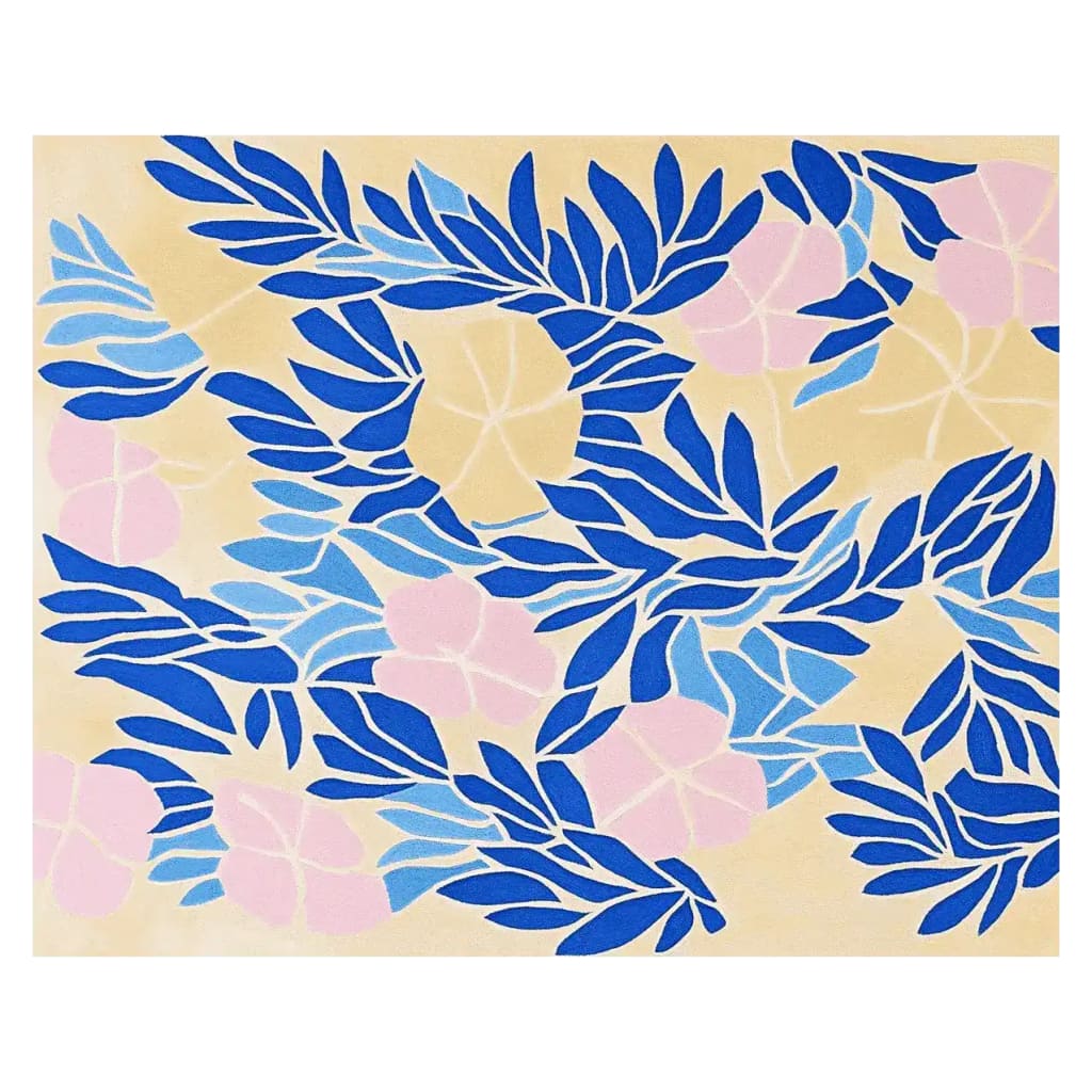 Vibrant area rug with a striking petal pattern, featuring bold blue leaves and soft pink flowers on a beige background. This contemporary wool rug is perfect for adding a splash of color to your living room. Ideal as an 8x10 area rug for living room spaces.