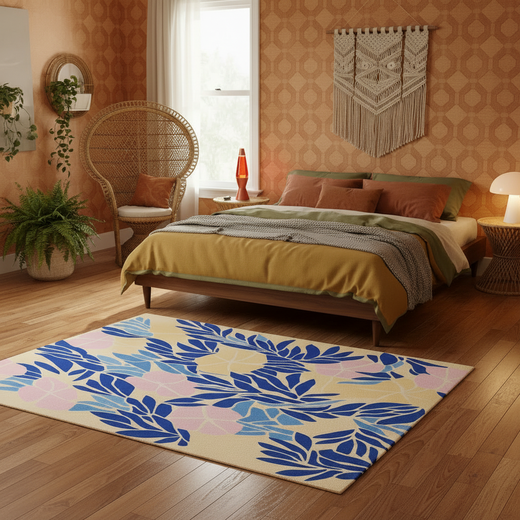 Cozy bedroom with a bed, chair, and decorative rug.