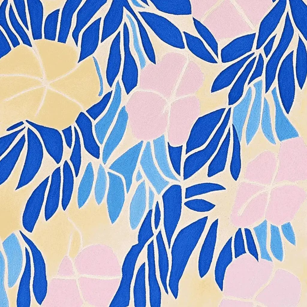 A vibrant petal pattern hand tufted area rug featuring a contemporary design with bold blue and pastel pink floral motifs. Ideal for adding a touch of elegance to living rooms, this 8x10 wool rug combines style and comfort effortlessly.