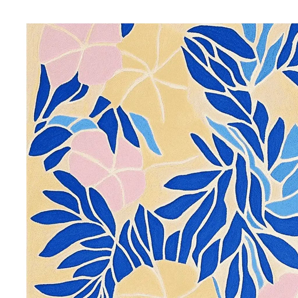 A vibrant Petal Pattern Hand Tufted Area Rug showcasing an abstract design with bold blue leaves and soft pink flowers on a beige background. This contemporary wool rug is perfect for adding a touch of modern elegance to living room spaces, especially in an 8x10 size.