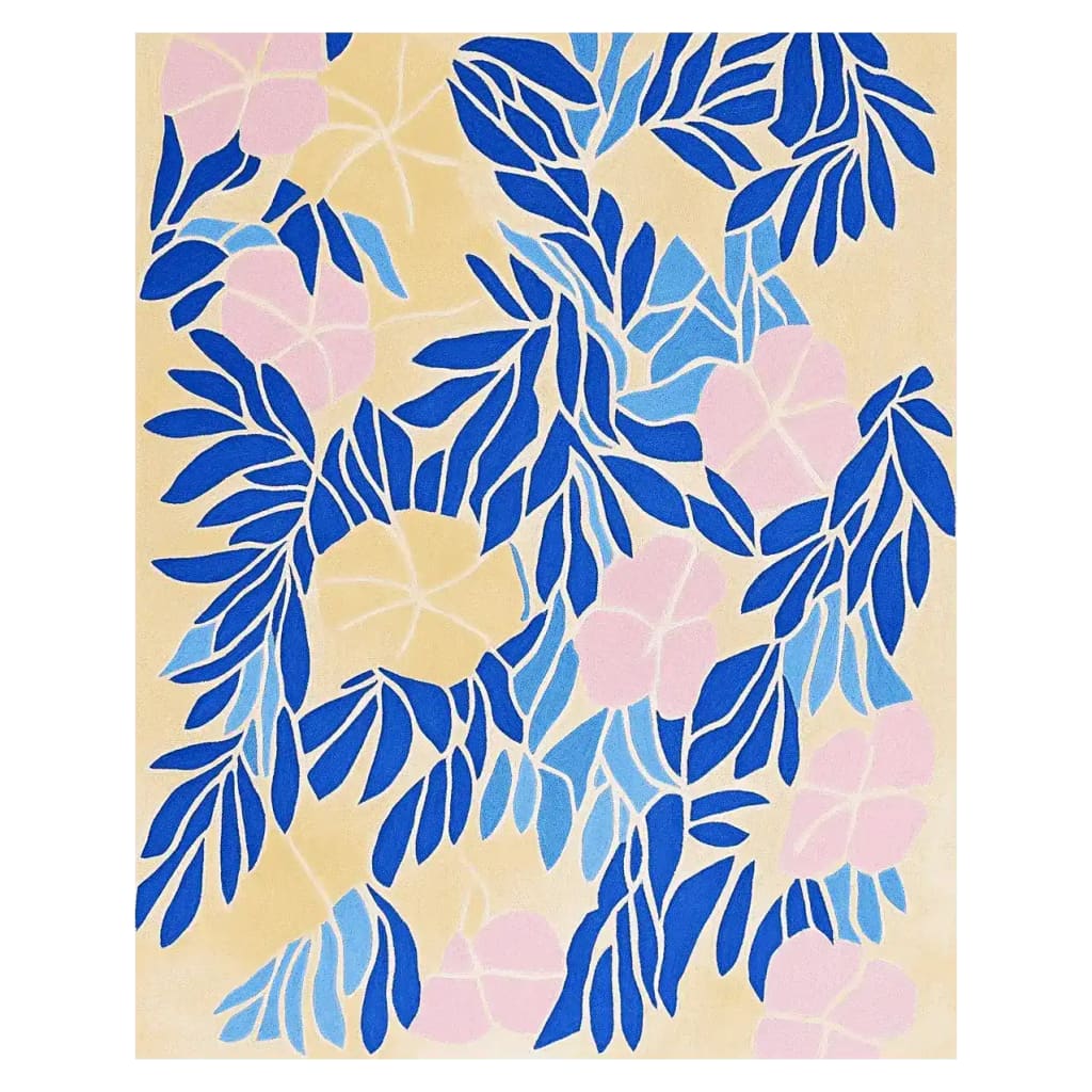 This vibrant Petal Pattern Hand Tufted Area Rug features a contemporary design with bold blue and soft pink floral patterns on a beige background. Perfectly sized for living rooms as an 8x10 wool rug, it adds a touch of elegance and modern style to any space.