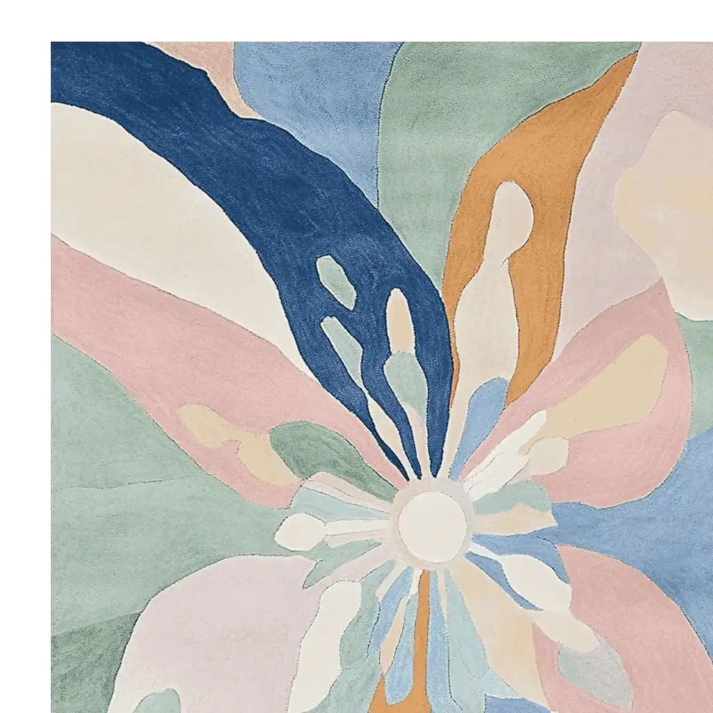 A vibrant area rug featuring a contemporary design with abstract floral patterns in soft pastel colors. This wool rug is perfect for adding a touch of elegance to your living room. Ideal as an 8x10 rug, it's a standout piece in any modern home decor.
