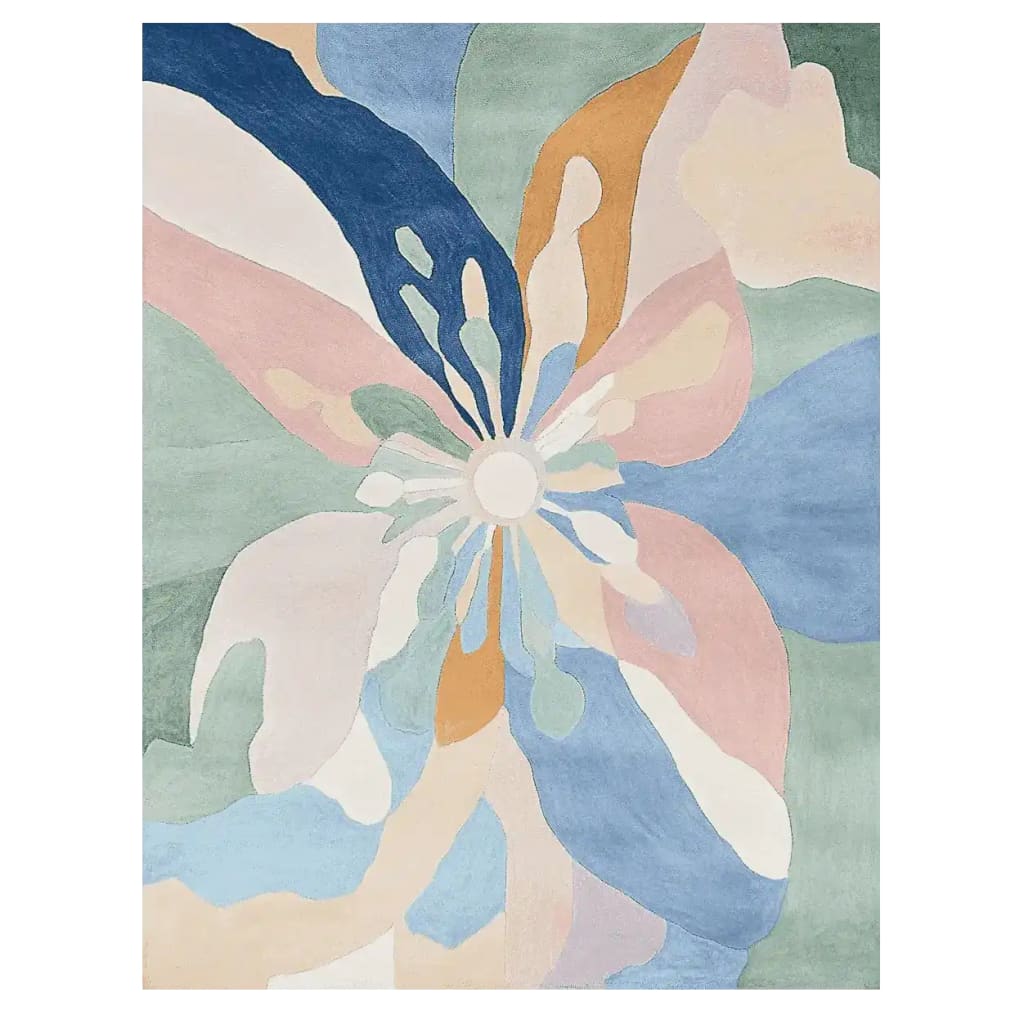 A vibrant Area Rug featuring a contemporary floral pattern with swirling pastel colors in blue, pink, green, and orange. This wool rug is perfect for adding a splash of color to your living space. Ideal for those seeking rugs for living room, especially in the popular 8x10 size.