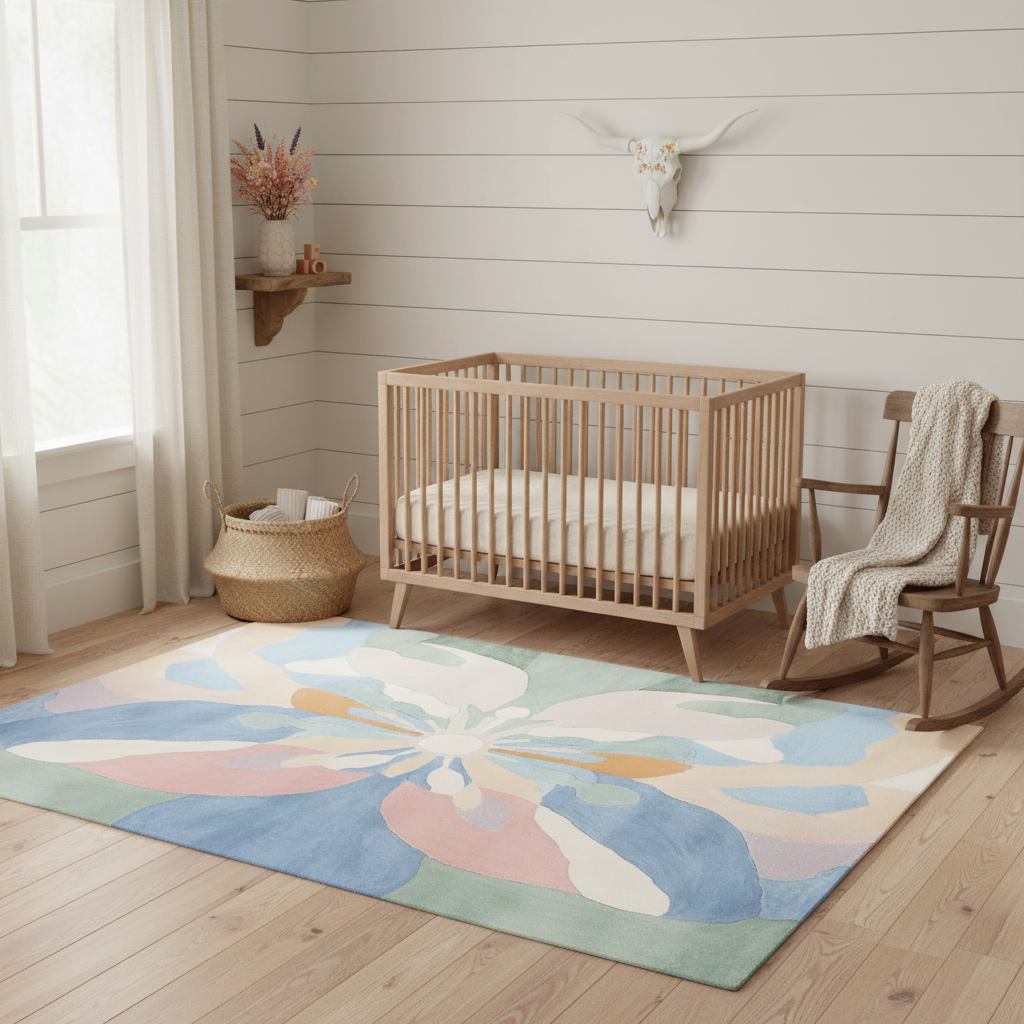 Nursery room with wooden crib, colorful rug, and rocking chair.