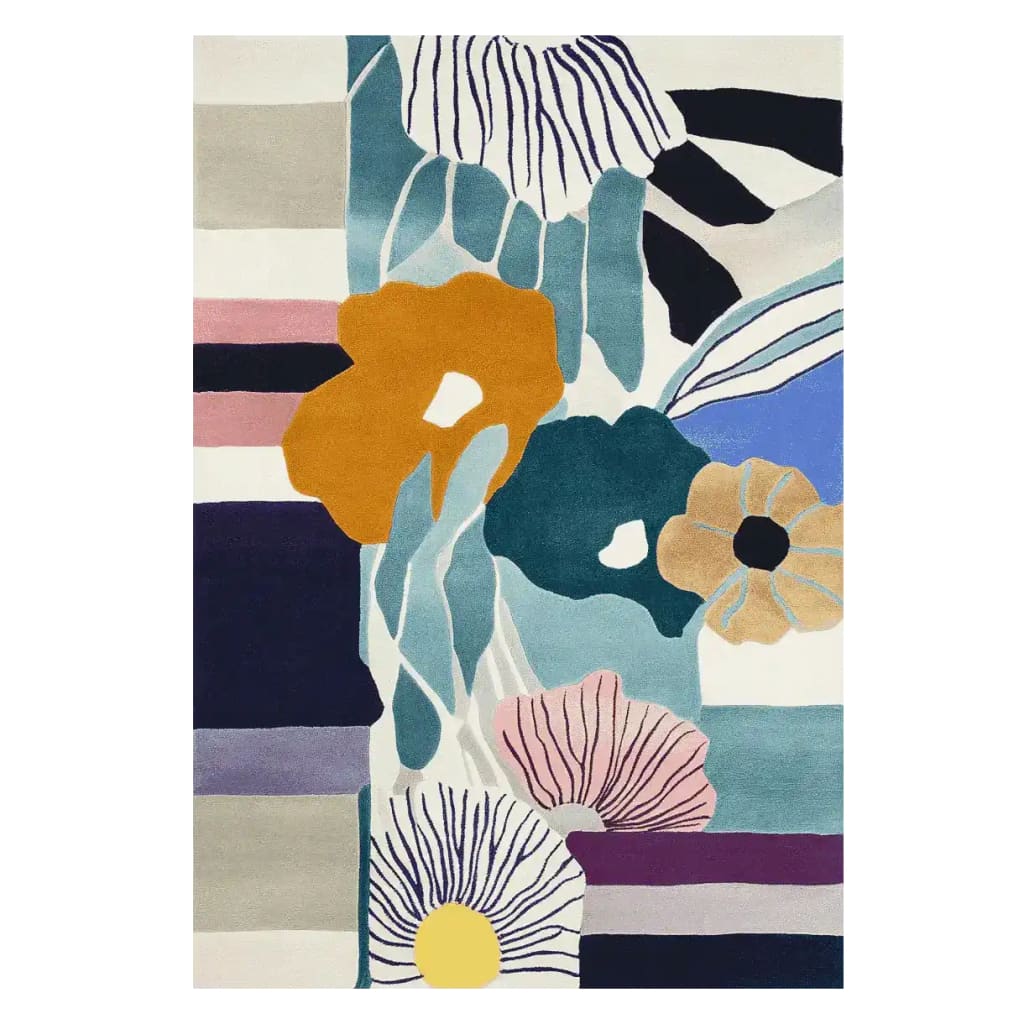 Vibrant Petal Poem Bloom hand tufted area rug featuring an abstract floral design with bold colors like mustard, teal, and navy, ideal for contemporary living rooms. This wool rug adds a touch of modern elegance and is perfect for large living spaces, measuring 8x10.