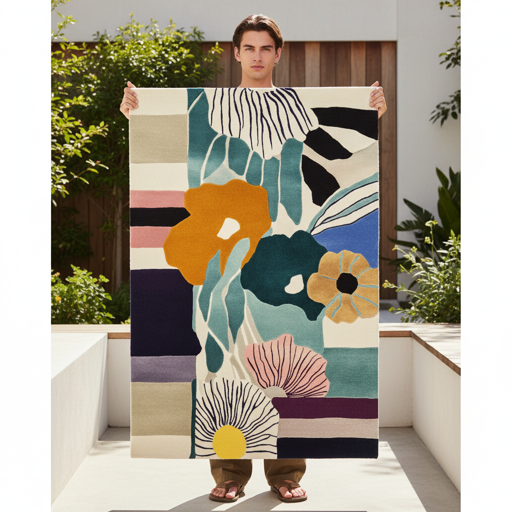 Person holding a colorful abstract rug outdoors