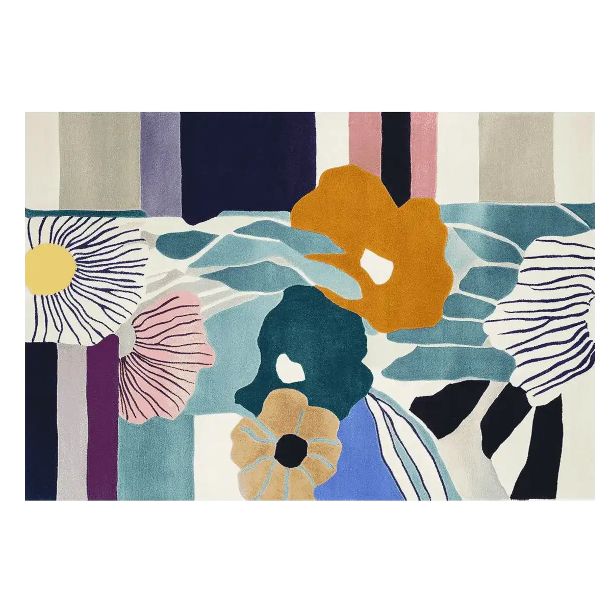 A vibrant Petal Poem Bloom Hand Tufted Area Rug with an abstract floral design. This contemporary wool rug features bold colors like orange, blue, and purple, making it an ideal choice for large living room rugs, especially in an 8x10 size.
