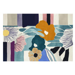 A vibrant Petal Poem Bloom Hand Tufted Area Rug with an abstract floral design. This contemporary wool rug features bold colors like orange, blue, and purple, making it an ideal choice for large living room rugs, especially in an 8x10 size.