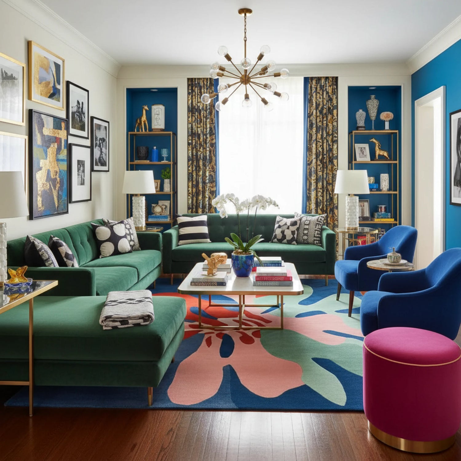 Colorful living room with green sofas, blue chairs, and a patterned rug.