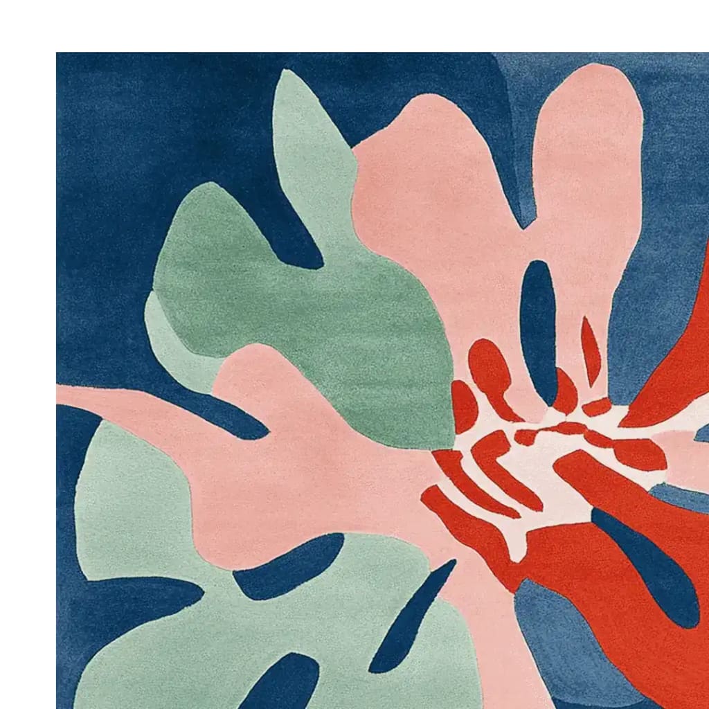 Vibrant Petal Pulse Pop Hand Tufted Area Rug in a contemporary abstract design, featuring bold pink, green, blue, and red colors. This square wool rug is perfect for adding a modern touch to living room spaces, especially in an 8x10 size.