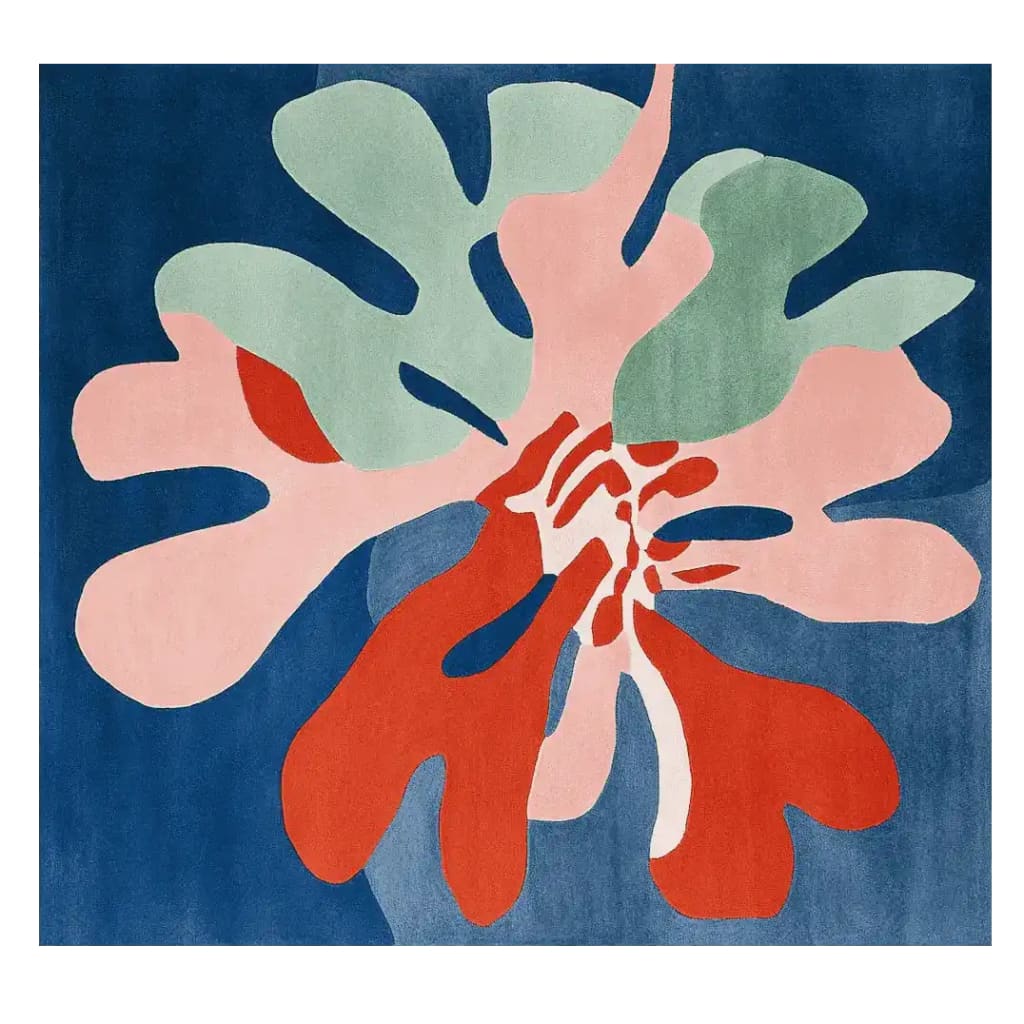 Vibrant Petal Pulse Pop Hand Tufted Rug featuring an abstract floral design in shades of blue, green, pink, and red. This contemporary square area rug adds a pop of color to any living room, especially suitable for spaces requiring an 8x10 wool rug.