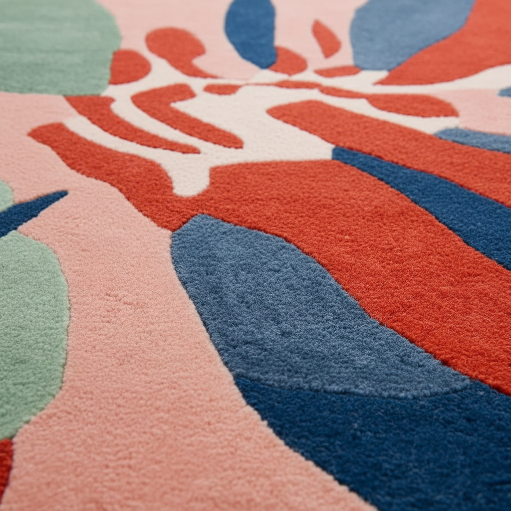 Close-up of a colorful abstract patterned rug with red, blue, and pink colors.