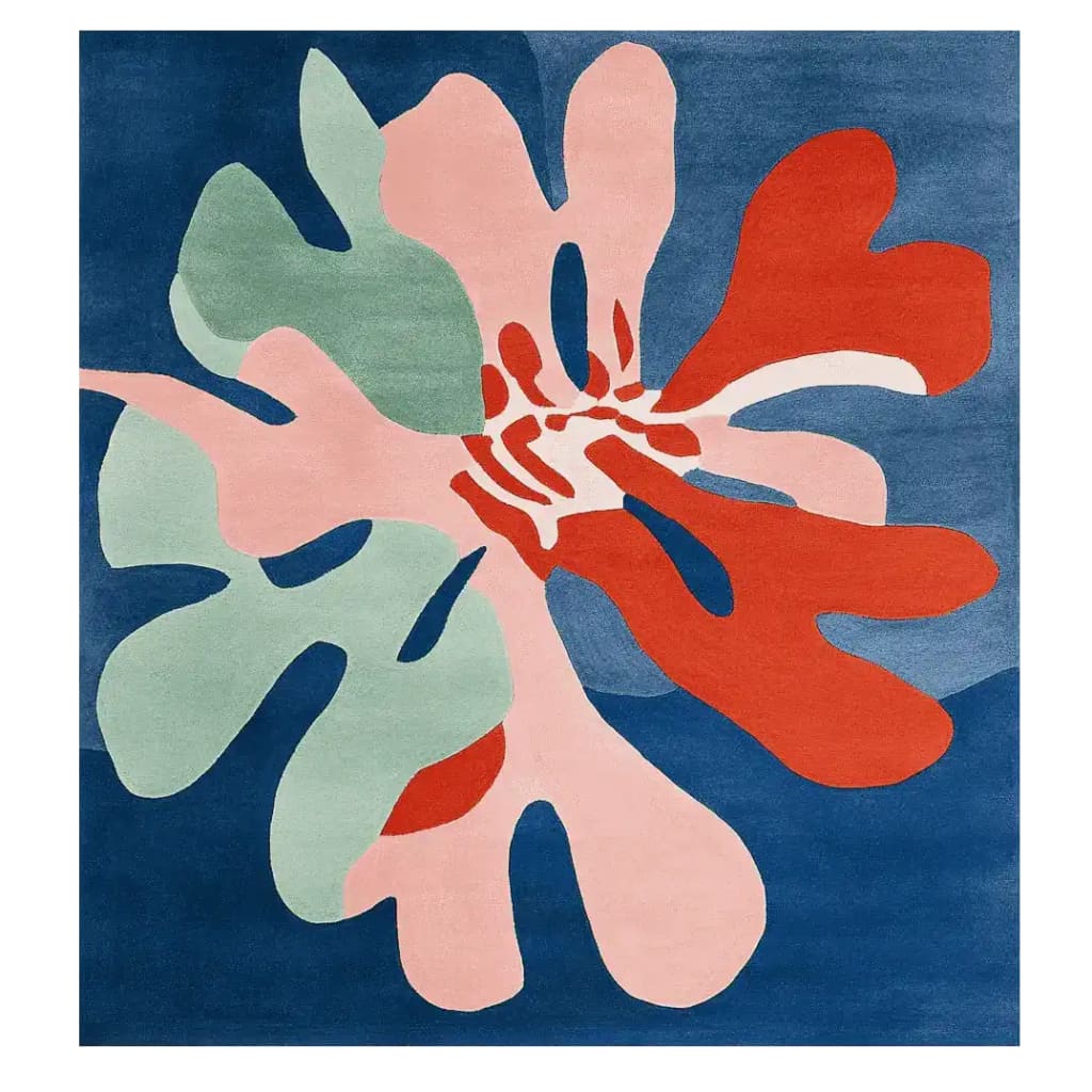 Vibrant square area rug featuring a contemporary abstract floral design with bold colors like red, pink, green, and blue. Perfect for adding a pop of color to living room spaces. This hand tufted wool rug measures 8x10, ideal for modern home decor.
