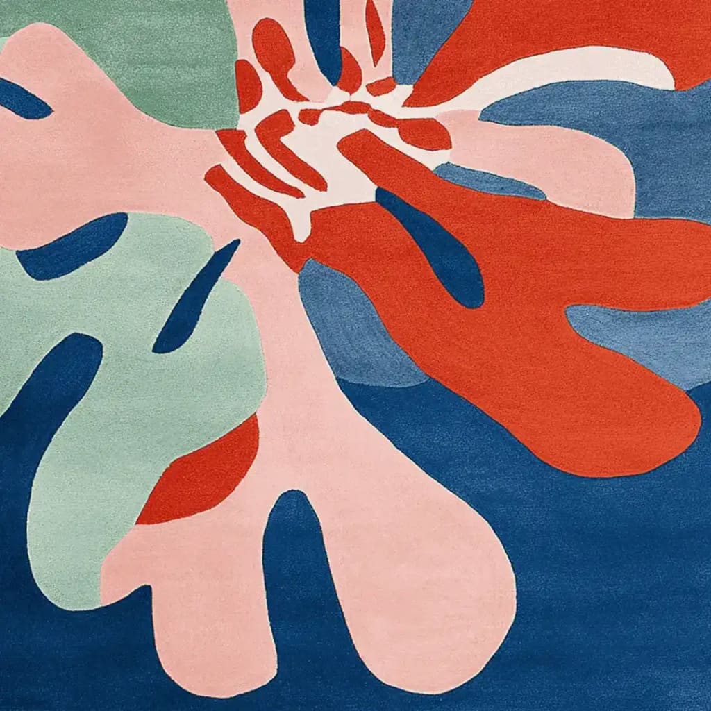 A vibrant hand-tufted area rug featuring an abstract design with bold colors including red, pink, green, and blue. This contemporary square rug is perfect for adding a pop of color to a living room. Made from high-quality wool, it measures 8x10, making it an ideal choice for modern home decor.