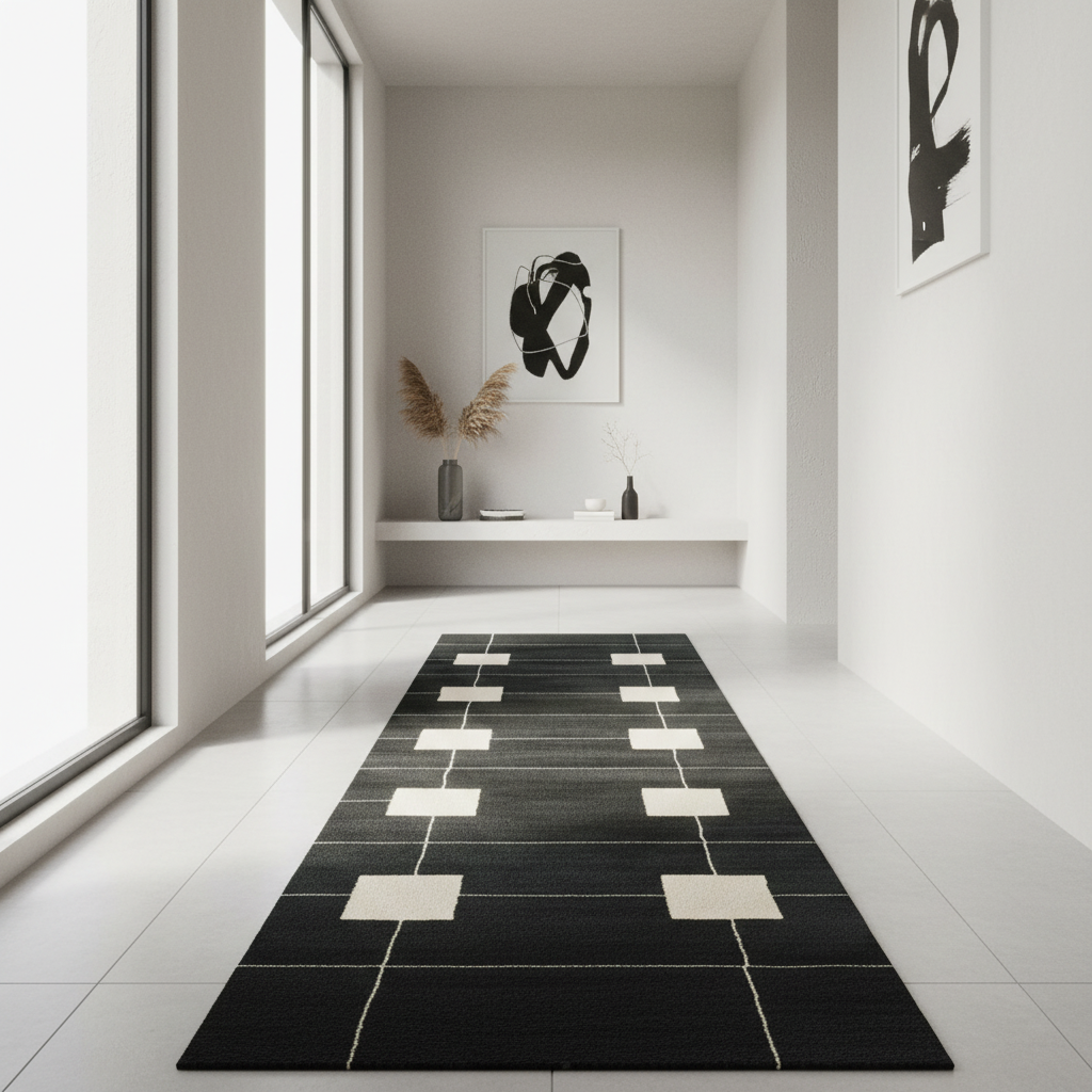 Black and white patterned rug on a light wood floor with a modern interior setting.