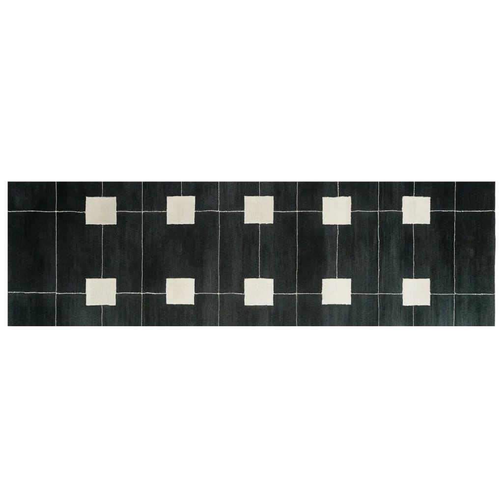 Top view of the Petal Stream Hand Tufted Wool Rug, a contemporary runner rug with a modern checkered pattern in black and white squares, ideal for use as kitchen rugs, hallway runner rug, or bathroom runner rug.