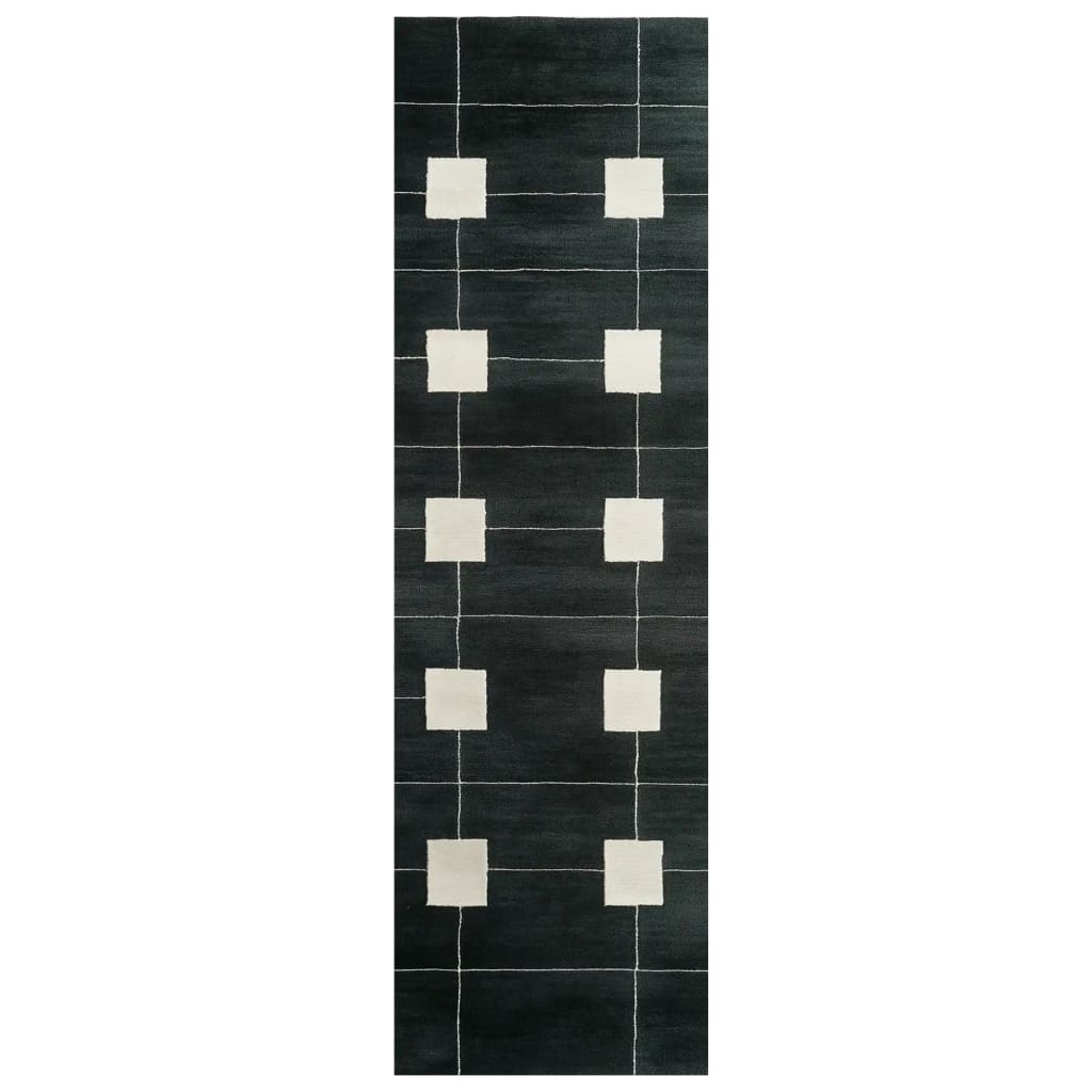 Top view of the Petal Stream Hand Tufted Wool Rug, a contemporary runner rug featuring a grid pattern of white squares against a dark background. Ideal for use as a kitchen runner rug, hallway runner rug, or bathroom runner rug, this wool rug adds a modern touch to any space.