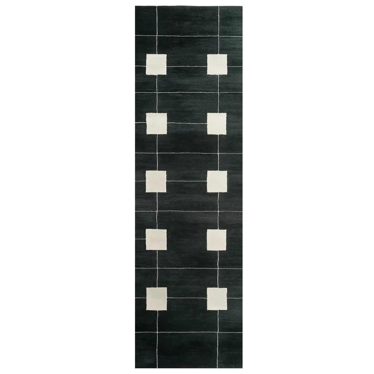 Top view of the Petal Stream Hand Tufted Wool Rug, a contemporary runner rug featuring a grid pattern of white squares against a dark background. Ideal for use as a kitchen runner rug, hallway runner rug, or bathroom runner rug, this wool rug adds a modern touch to any space.