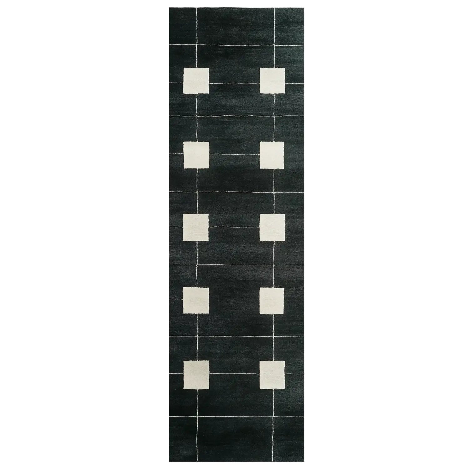 Top view of the Petal Stream Hand Tufted Wool Rug, a contemporary runner rug featuring a grid pattern of white squares against a dark background. Ideal for use as a kitchen runner rug, hallway runner rug, or bathroom runner rug, this wool rug adds a modern touch to any space.