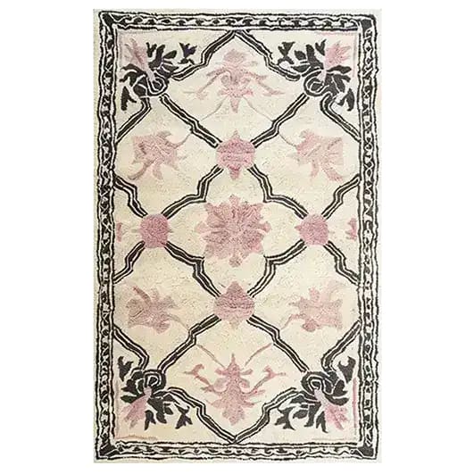 Elegant Petal Veil Mosaic Hand Tufted Area Rug, perfect for adding a vintage touch to your living room or dining room. The design features delicate pink floral patterns with intricate black detailing on a cream background, ideal for living room rugs 8x10 or as a wool rug centerpiece.