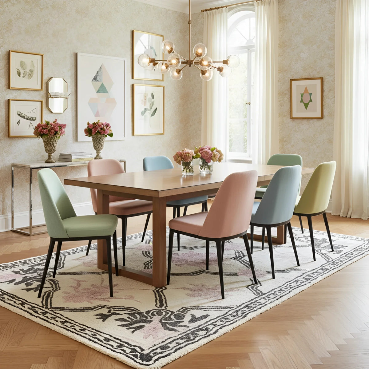 Dining room with a wooden table and colorful chairs on a patterned rug.