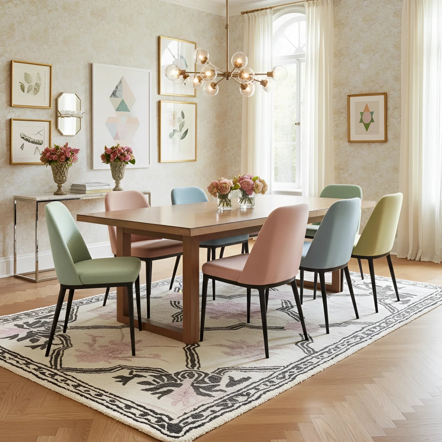 Dining room with a wooden table and colorful chairs on a patterned rug.