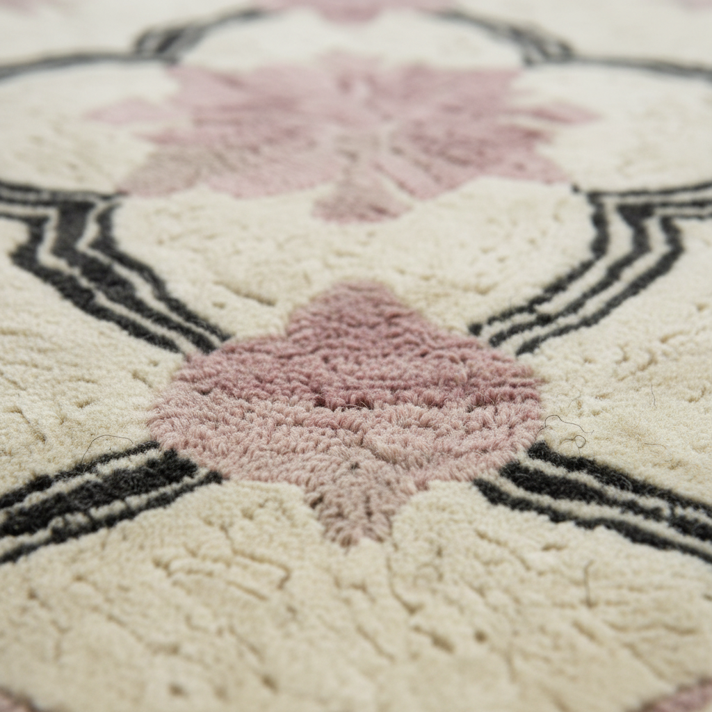 Close-up of a textured rug with pink floral patterns and black geometric lines.