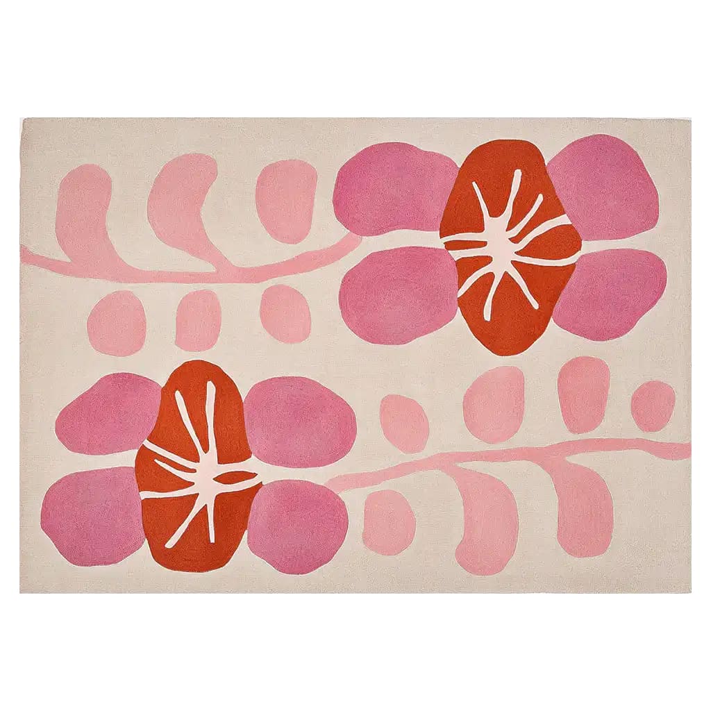 A stylish Petal Waves Hand Tufted Wool Area Rug featuring vibrant abstract floral patterns in shades of pink and orange, perfect for a contemporary living room. This large wool rug adds a modern touch to any space, making it an ideal choice for rugs for living room.