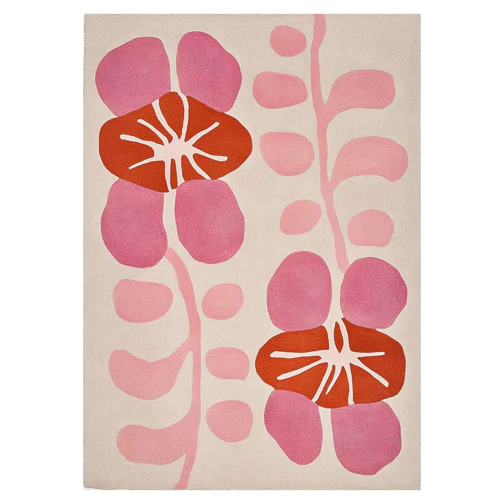 This contemporary area rug, made from hand-tufted wool, features a vibrant abstract design with bold pink and orange floral patterns. Perfect for adding a pop of color to your living room, this large wool rug combines style and comfort effortlessly.