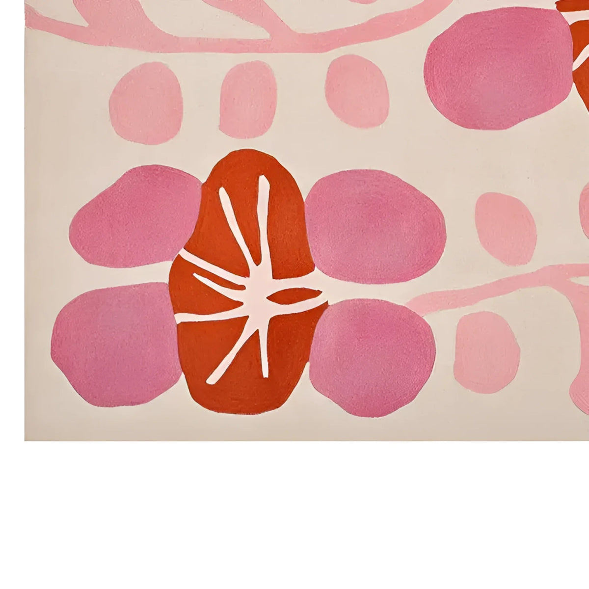A vibrant, contemporary wool area rug featuring an abstract design with bold pink and orange petal shapes, perfect for adding a modern touch to a living room. This hand-tufted wool rug offers a unique aesthetic for large living room spaces.