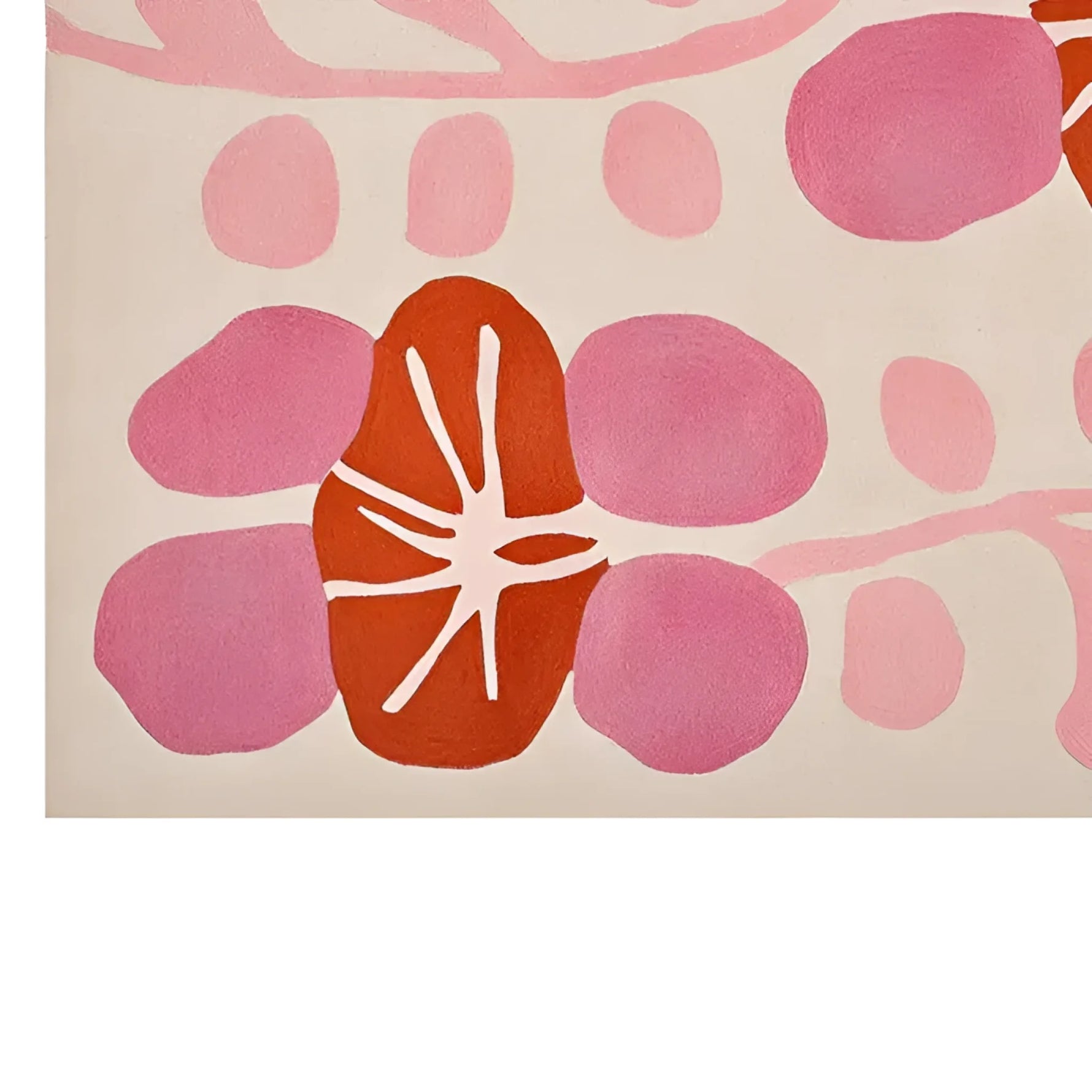 A vibrant, contemporary wool area rug featuring an abstract design with bold pink and orange petal shapes, perfect for adding a modern touch to a living room. This hand-tufted wool rug offers a unique aesthetic for large living room spaces.
