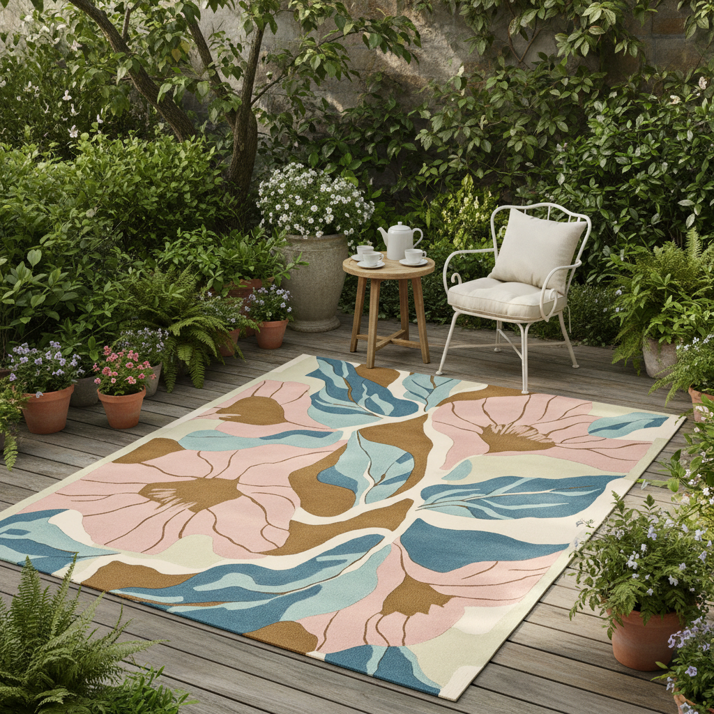 Floral patterned rug on a wooden deck with outdoor furniture and plants.