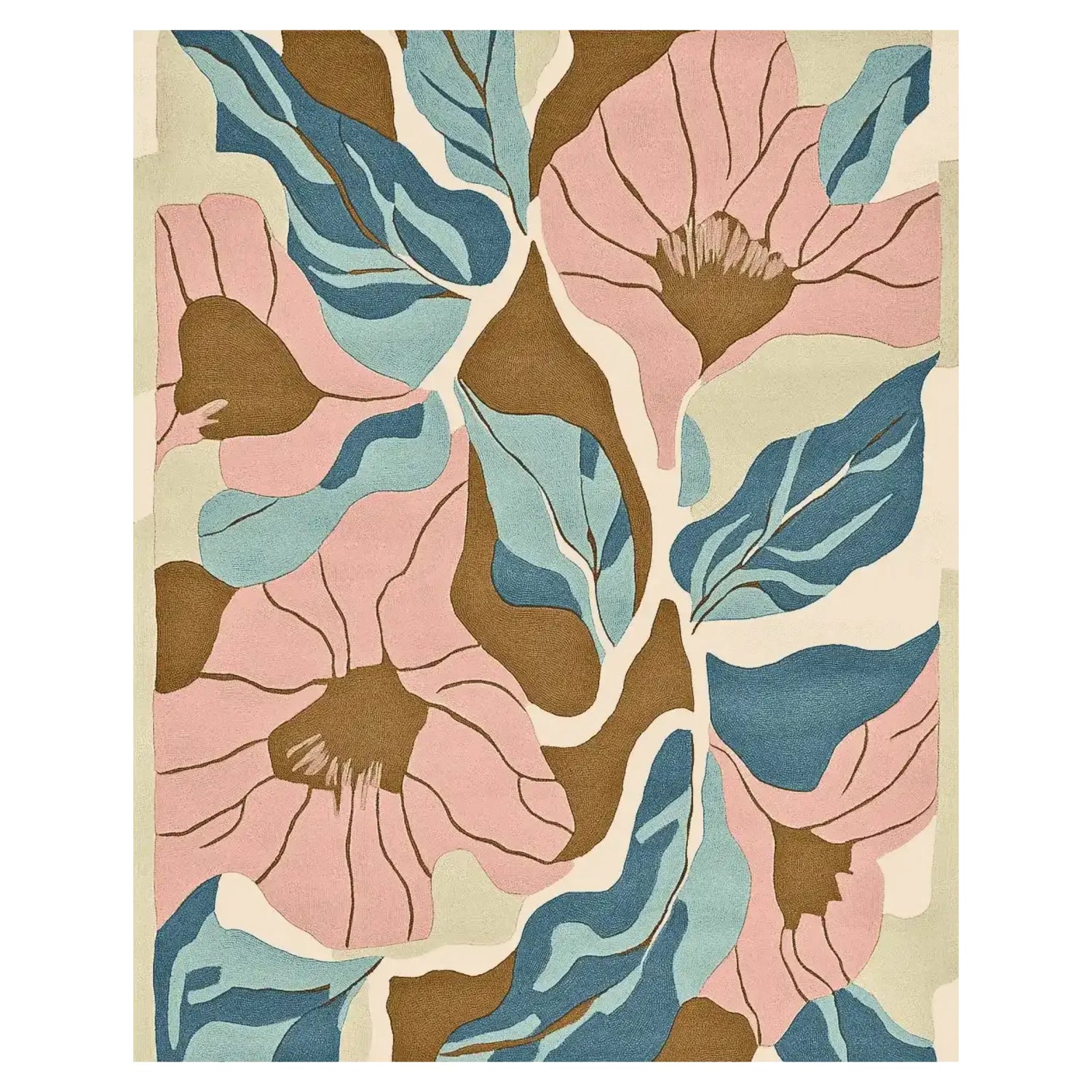 Floral patterned rug on a wooden deck with outdoor furniture and plants.