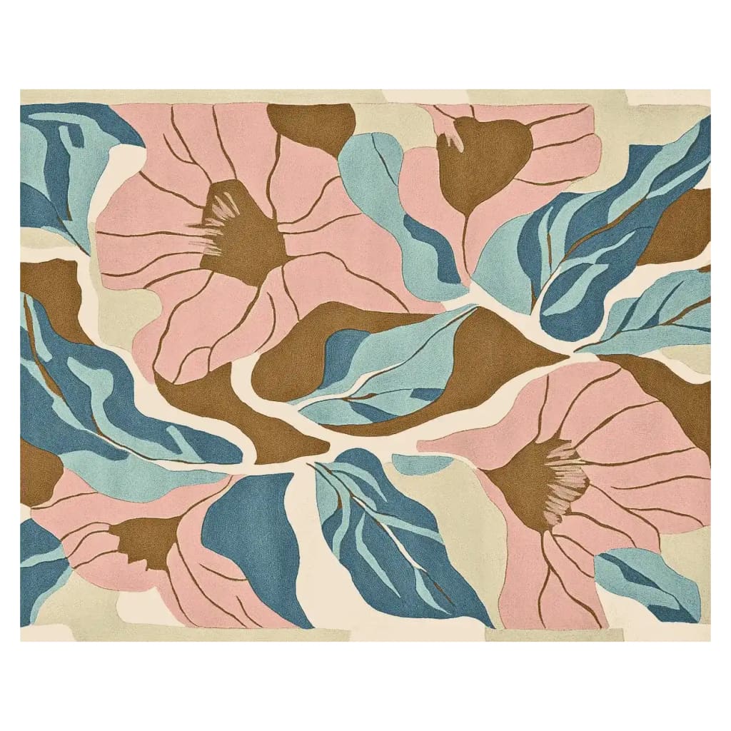 The Petal Whisper Song Hand Tufted Area Rug showcases an artistic floral design with pink petals and blue leaves set against a neutral background. Ideal for living rooms seeking a contemporary touch, this wool rug adds elegance and warmth to your space, making it a standout among large living room rugs.