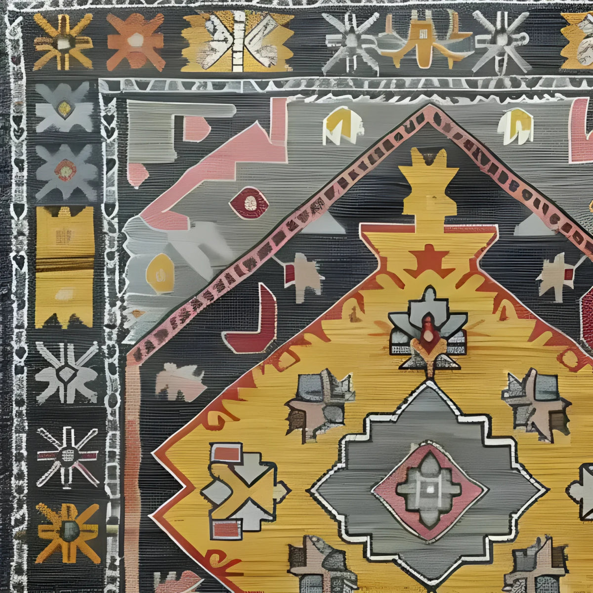 Close-up of the 'Petals in Motion' hand-knotted area rug, showcasing its intricate vintage design with vibrant colors and Persian influences. Perfect for adding a touch of elegance to any living room space.