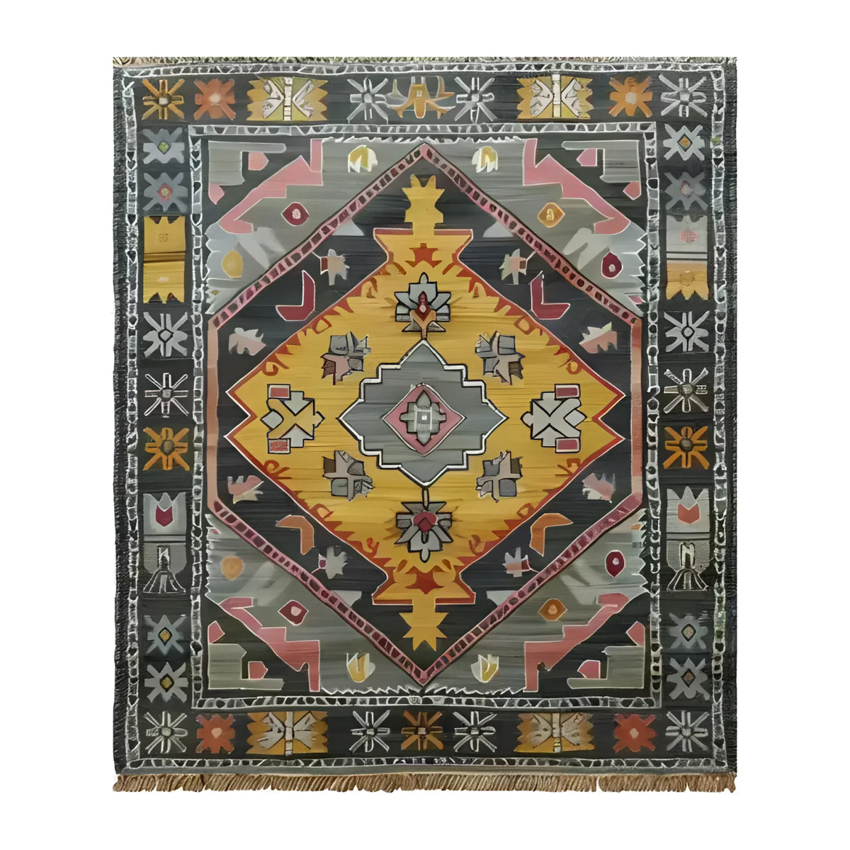 A beautifully crafted Petals in Motion hand-knotted area rug featuring a vibrant geometric design. This vintage rug showcases rich hues of yellow, gray, and red, reminiscent of traditional Persian rugs. Perfect for adding a touch of elegance to living room area rugs.