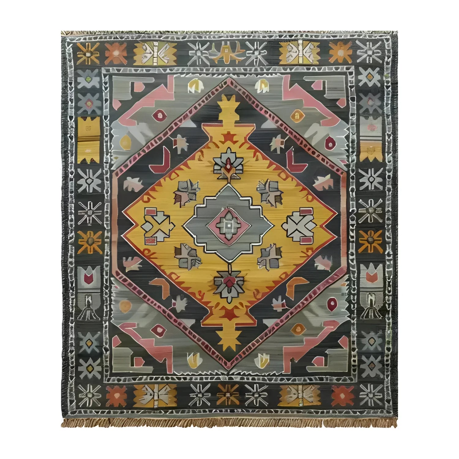 A beautifully crafted Petals in Motion hand-knotted area rug featuring a vibrant geometric design. This vintage rug showcases rich hues of yellow, gray, and red, reminiscent of traditional Persian rugs. Perfect for adding a touch of elegance to living room area rugs.