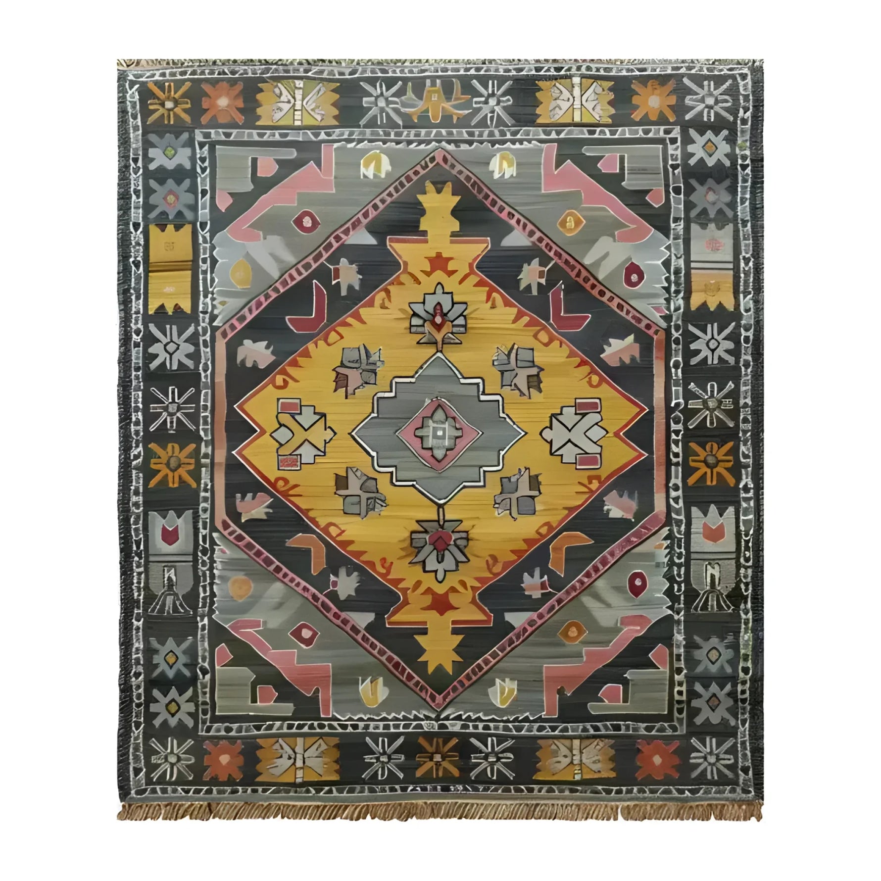 A beautifully crafted Petals in Motion hand-knotted area rug featuring a vibrant geometric design. This vintage rug showcases rich hues of yellow, gray, and red, reminiscent of traditional Persian rugs. Perfect for adding a touch of elegance to living room area rugs.