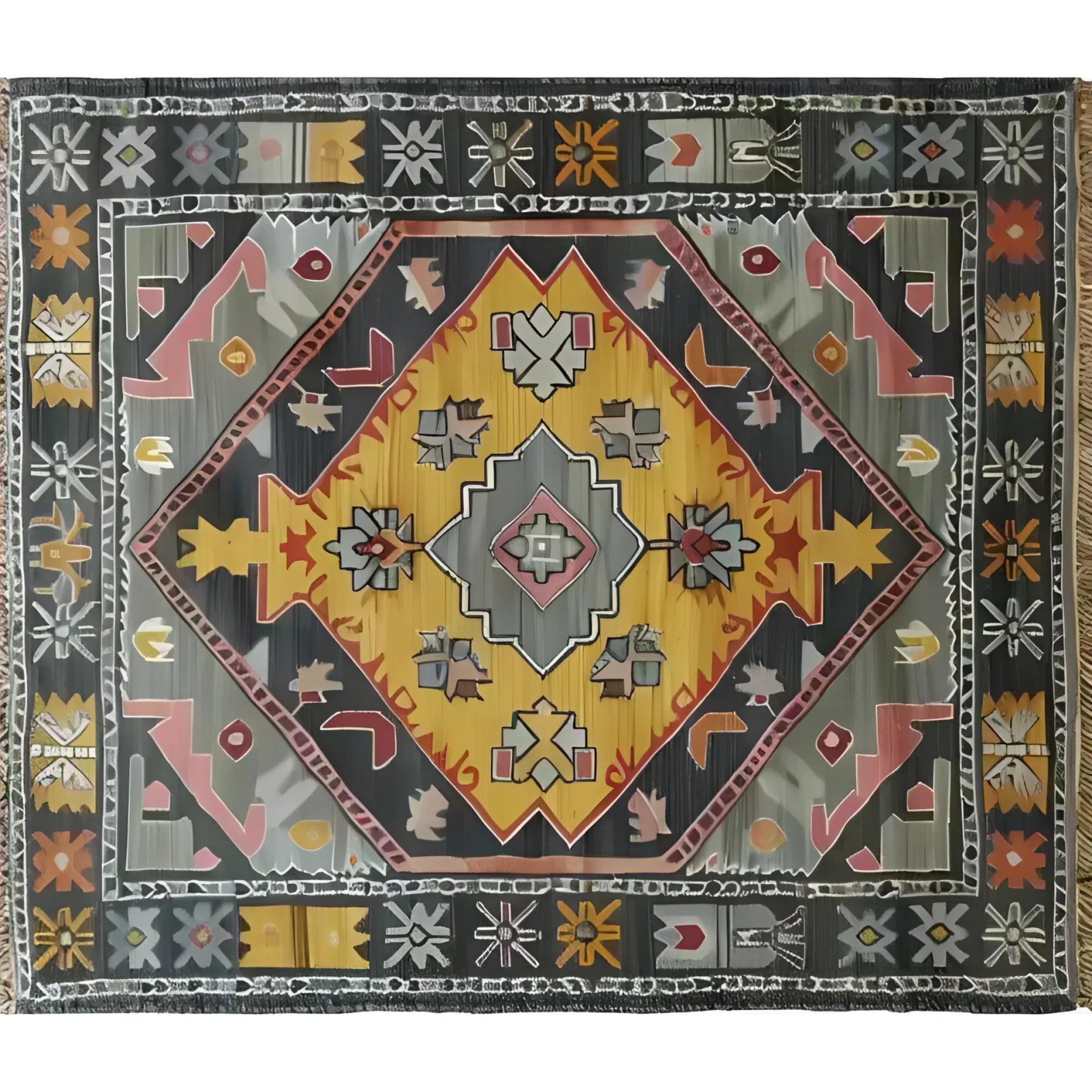 Top view of a vibrant, hand-knotted area rug showcasing a vintage Persian design. The rug features a striking geometric pattern with bold colors, perfect for enhancing living room decor.