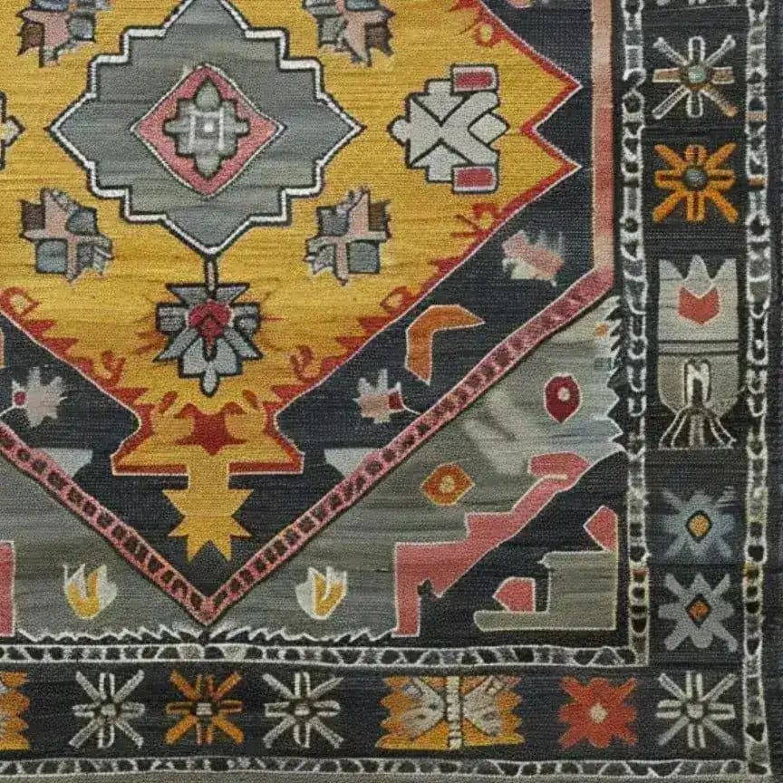 A detailed view of the Petals in Motion Hand Knotted Area Rug showcasing intricate geometric and floral patterns in vibrant colors. This vintage rug is perfect for adding a Persian touch to living room area rugs.