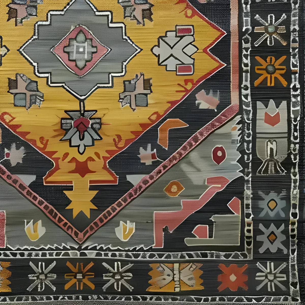 A detailed view of the Petals in Motion Hand Knotted Area Rug showcasing intricate geometric and floral patterns in vibrant colors. This vintage rug is perfect for adding a Persian touch to living room area rugs.