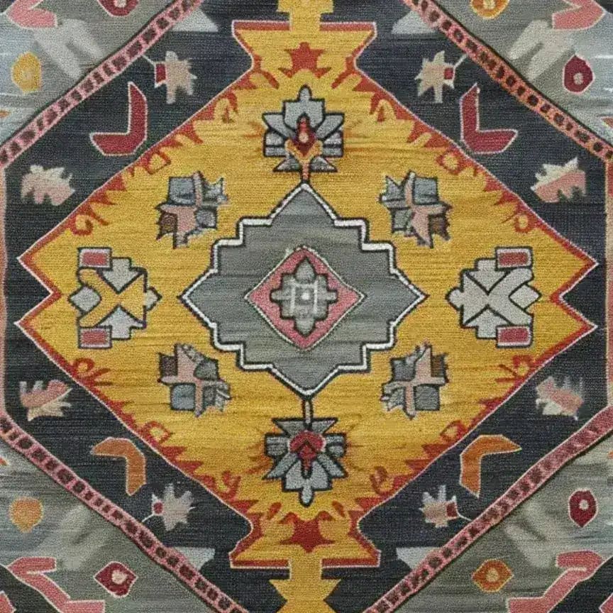 This vibrant hand-knotted area rug, titled 'Petals in Motion', showcases a stunning geometric design with bold colors, perfect for adding a vintage touch to any living room. Reminiscent of Persian rugs, its intricate patterns and rich hues make it a standout piece.