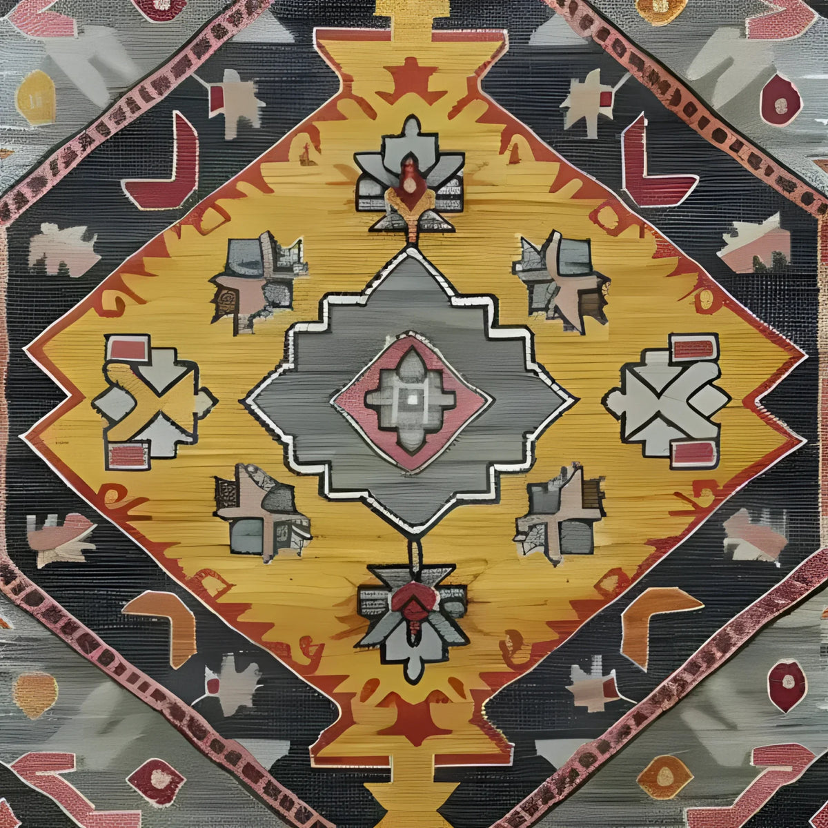 This vibrant hand-knotted area rug, titled 'Petals in Motion', showcases a stunning geometric design with bold colors, perfect for adding a vintage touch to any living room. Reminiscent of Persian rugs, its intricate patterns and rich hues make it a standout piece.