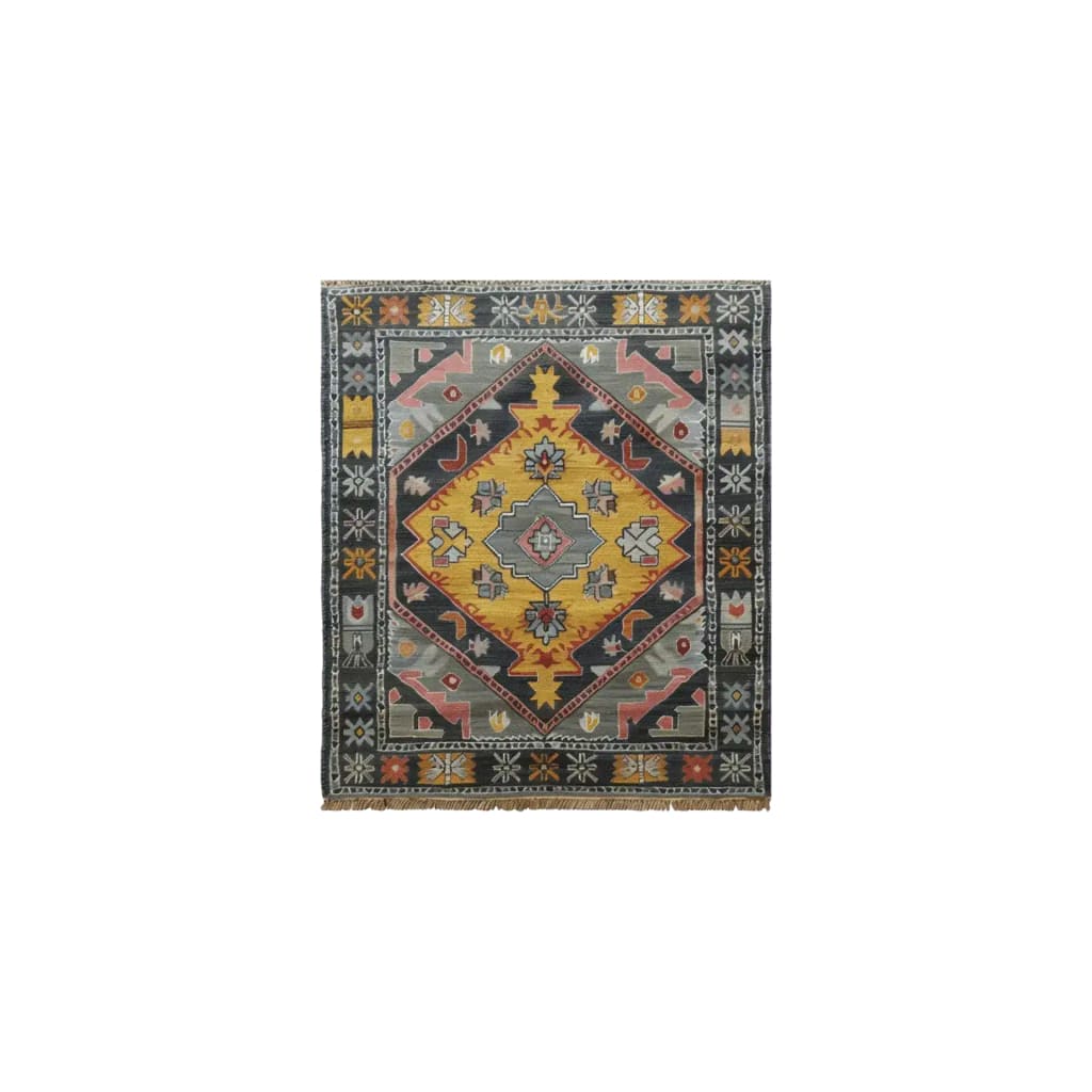 Beautifully crafted hand-knotted area rug featuring a vibrant geometric design with rich colors, reminiscent of vintage Persian rugs. Perfect for adding a touch of elegance to any living room.