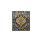 Beautifully crafted hand-knotted area rug featuring a vibrant geometric design with rich colors, reminiscent of vintage Persian rugs. Perfect for adding a touch of elegance to any living room.