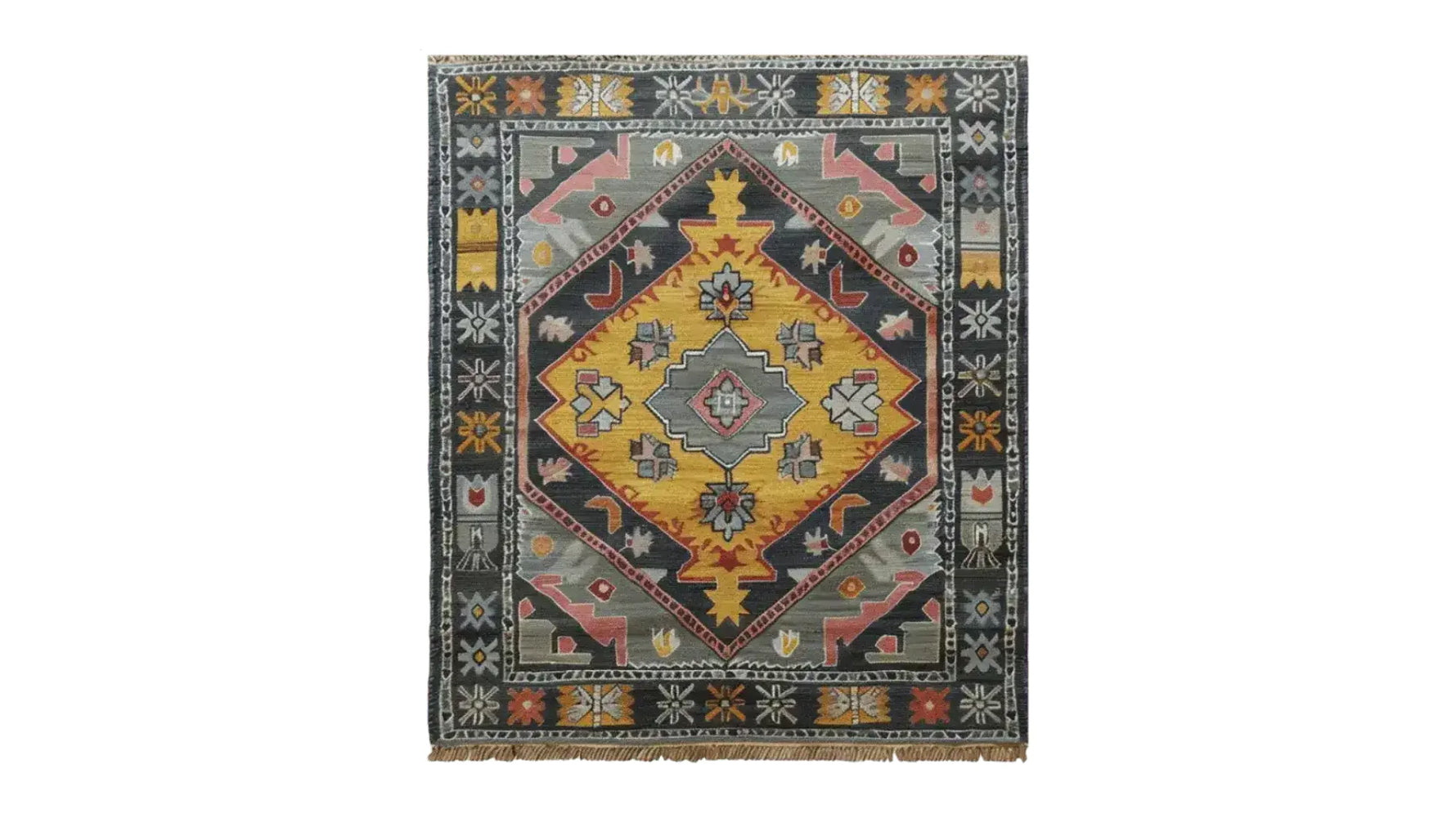 Beautifully crafted hand-knotted area rug featuring a vibrant geometric design with rich colors, reminiscent of vintage Persian rugs. Perfect for adding a touch of elegance to any living room.